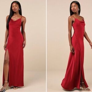 NWT - Lulus Women Truly A Beauty Satin Cowl Neck Side Button Maxi Dress Red Wine